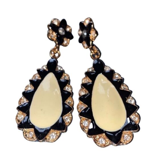 Tear Drop Black & Cream Drop Earrings - Picture 7 of 8